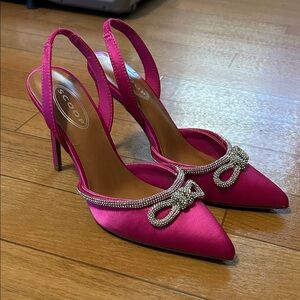 Women's Pink Satin Heels with Rhinestone Bow